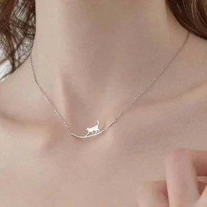 *NEW 925 Sterling Silver Cute Cat Bar Necklace